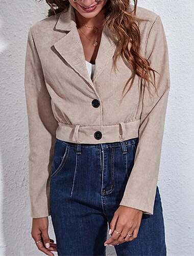  Damen Freizeitjacke Warm Bequem Kord Mode Outdoor Einfach Ausgehen Wochenende Kurz Umlegekragen Normale Passform Langarm Oberbekleidung Khaki Herbst Winter