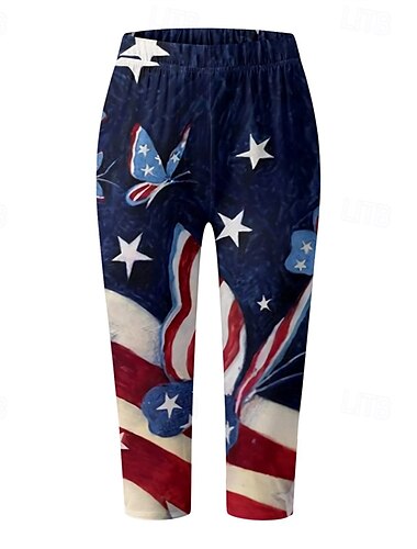  Damen Leggings Anti-Scheuer-Shorts Mode Streetwear Wadenlang Natürliche TaillePantsAmerikanischer Unabhängigkeitstag Amerikanische Flagge Elastischer Bund Atmungsaktiv Bequem Dehnbar Alltagskleidung
