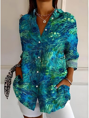  Damen Hemd Ombre Blumen Grafik Romantisch Lässig Strand Langarm Hemdkragen Normale Oberteile Arbeit Täglich Knöpfe Druck Rosa Grün Regenbogen Frühling Herbst