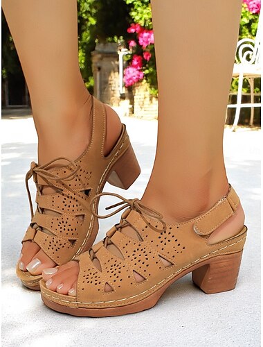  Damensandalen mit Cut-Outs und dickem Absatz – Retro-Schnürdesign mit gepolsterter Innensohle, ideal zum Einkaufen, für Outdoor-Festivals und Sommerbrunch