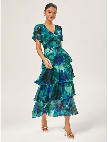  Rochie maxi din șifon pentru femei, pentru ocazii speciale, cu decolteu în V, imprimeu floral multicolor, verde închis, vintage, elegantă, linie A, cu volane, talie slim fit, spate elastic