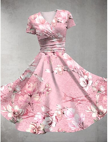  Damen Midikleid Sommerkleid Figurbetontes Kleid Party Lässig Täglich Ferien Normale Passform Blumen Grafik Kurzarm V Ausschnitt Rosa Blau Purpur Grün Sommer
