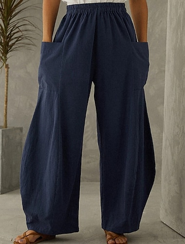  Damen Hose aus Baumwollleinen Weite Hosenbeine Weites Bein Mode Lässig Volle Länge Mittlere Taille Einfach Elastischer Bund Atmungsaktiv Bequem Mikroelastisch Straße Alltagskleidung Ausgehen Meerblau