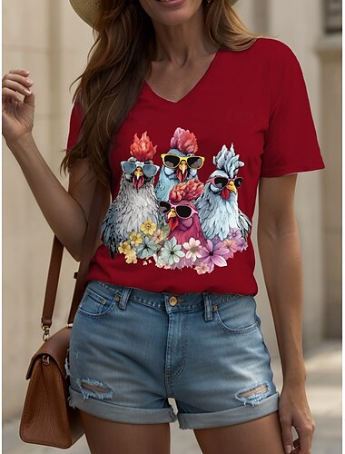  Mujer Camiseta Floral Graphic Animal Vintage Elegante Clásico Manga Corta Escote en Pico Tops regulares Diario Estampado Negro Blanco Rosa Rojo Azul Piscina Verano Primavera