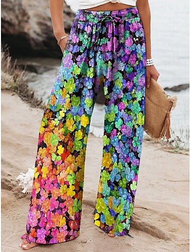  Damen Weite Hosenbeine Weites Bein Chinos Urlaub Vintage Mode Volle Länge Hohe Taille Blumen Grafik Blatt Elastischer Bund Drucken Atmungsaktiv Weich Mikroelastisch Urlaub Straße Lässig Purpur Grün