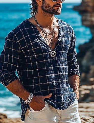  Herren Hemd Leinenhemd Popover-Hemd Freizeithemd Karomuster Urlaub Hawaiianisch Dunkelblau Langarm Stehkragen Frühling Herbst Bekleidung Knöpfe