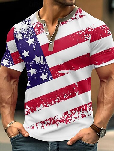  Herren Amerikanischer Unabhängigkeitstag Flagge T Shirt Henley Hemd Kurzarm Designer Retro Vintage Lässig Straße Lässig Täglich Sommer Frühling Weiß Henley Henley T-Shirt