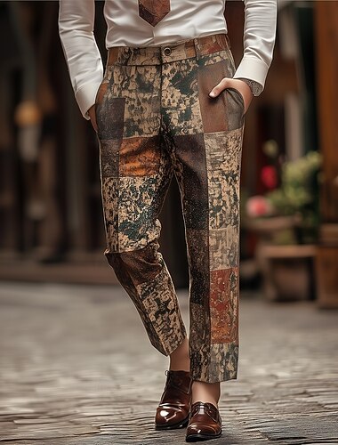  Férfi Mértani Színes Kollázs Kosztüm Nadrág Öltöny nadrág Közepes csípő Vintage Retro Vakáció Hétköznapi Normál fazon Lapos elülső Egyenes szárú nadrág zsebekkel Nyár Tavasz Ősz 3D nyomtatás Sárga