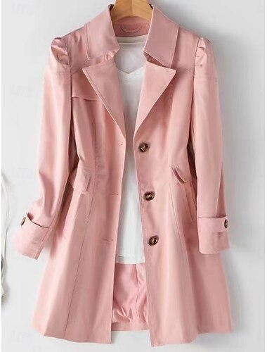  Damen Trenchcoat Bequem Atmungsaktiv Reißverschluss Tasche Lässig Einfach Urlaub Straße Lässig Alltagskleidung Einreihig Lang Gekerbtes Revers Normale Passform Langarm Oberbekleidung Schwarz Rosa