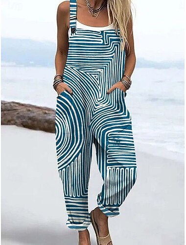  Dam Jumpsuits Ledigt Grafisk Ärmlös Rak Snörning Semester Dagligen Lös passning Rodnande Rosa Rubinrött Blå Sommar