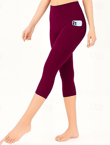  Damen Caprihose Leggings Streetwear Lässig Wadenlang Natürliche Taille Einfach Tasche Elastischer Bund Bequem Außenbereich Urlaub Yoga Athleisure Wein Grau Schwarz Dunkelblau Sommer Normale Passform