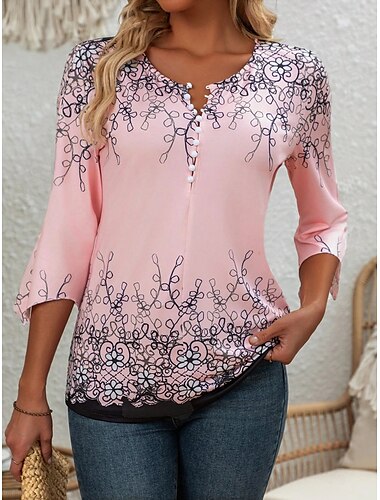  Per donna Blusa Floreale Grafico Elegante Manica 3/4 Girocollo Top Regolari Quotidiano Uscire Volant Bottoni Rosa Primavera Autunno