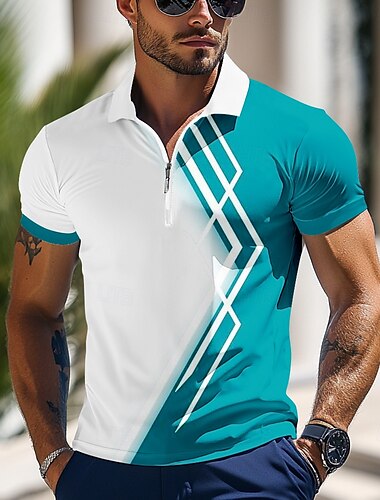  Herren Farbblock Poloshirts mit Reißverschluss Kurzarm Polo-Shirts Hemden mit Kragen Business-Casual Outdoor Athleisure 3D-Druck Sommer Meerblau Grün Dunkelblau