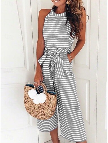  Damen Normal Overall Aktiv Gestreift Ärmellos Neckholder Tasche Druck Urlaub Täglich Normale Passform Rosa Blau Grün Sommer