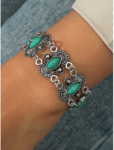  Pulsera vintage bohemia de turquesa para mujer: diseño de cadena con baño de plata antigua para uso casual, fiestas y regalos.