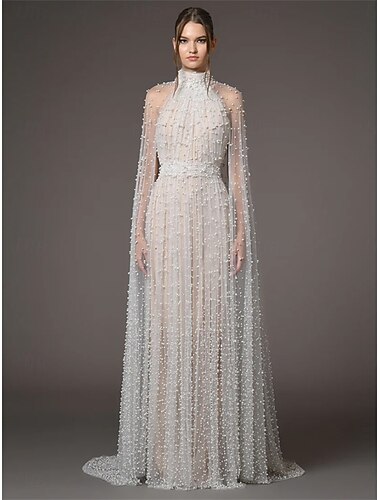  Corte A vestidos de quinceañera Elegante Vestido Boda Invitado a la boda Hasta el Suelo Manga Larga Cuello Alto Tul Sin espalda con Plisado 2025