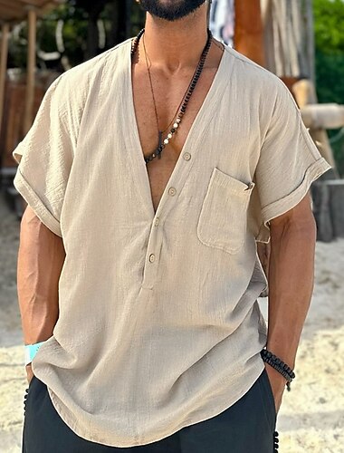  Herren Hemd Sommerhemd Freizeithemd Knopfhemd Beige Kurzarm Einfach V Ausschnitt Urlaub Hawaiianisch Tasche Bekleidung Polyester Mode Lässig Bequem
