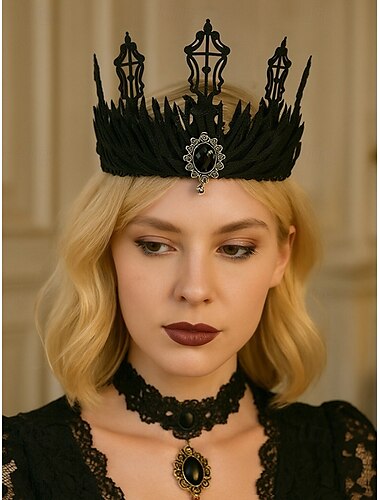  Diadema gótica de encaje negro para mujer con colgante de gema, tiara de reina para fiesta de Halloween, accesorio de disfraz de estilo vintage para adultos.