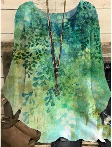  Mujer Camisa Hoja Hojas Elegante Manga 3/4 Cuello Barco Tops regulares Diario Festivos Estampado Azul Piscina Verde Trébol Verano