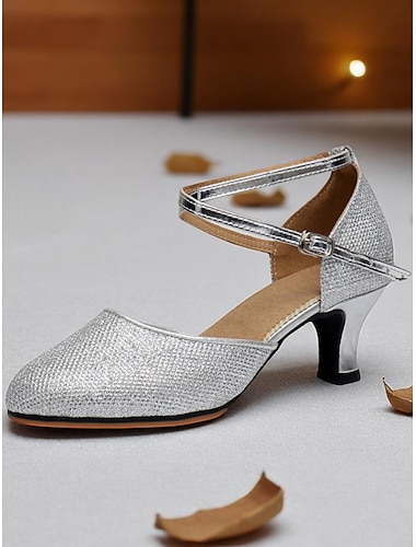 Professionelle Glitzer-Mesh-Tanzschuhe für Damen mit goldenen Metallic-Akzenten und verstellbarem Knöchelriemen für Standard- und Lateintänze