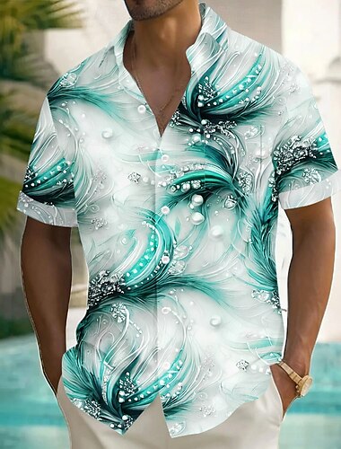  Herren Geometrisch Wellen Perle Hemd Sommerhemd Knopfhemd Kurzarm Modisch lässig Urlaub Ferien Streetwear Sommer Umlegekragen 3D-Druck Eine Tasche vorne Leinenähnliches Hemd Blau Grün Khaki