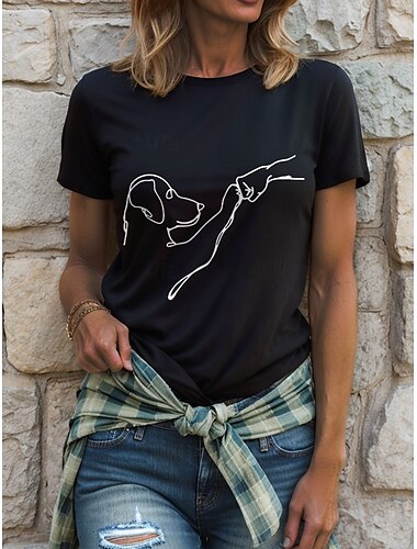  Mulheres Camiseta Gráfico Animal Cachorro Vintage à moda Clássico Manga Curta Gola Redonda Decote Redondo Tops regulares Diário Final de semana Imprimir Branco e Preto Branco / Preto Branco Rosa