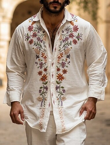  Voor heren Overhemd Zomer overhemd Normaal shirt Strand hemd Overhemd met knopen Wit Lange mouw Bloemig Revers Vakantie Hawaii Afdrukken Kleding Polyester Modieus Casual Comfortabel
