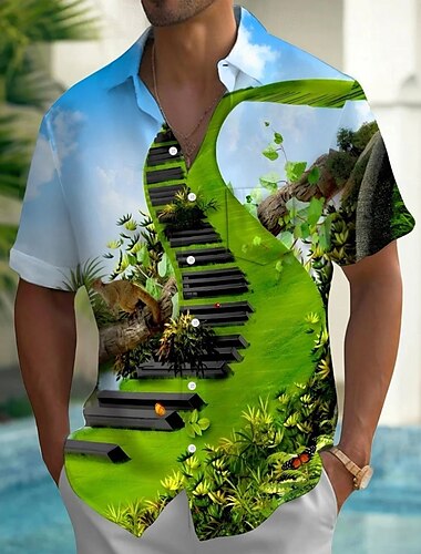  Herre Piano Musikkinstrument Skjorte Sommerskjorte Skjorte med knapper Kortermet Fashion Casual utendørs Feriereise Hverdag Sommer Vår Aftæpning 3D-utskrift krage skjorter Front One Lomme Grønn