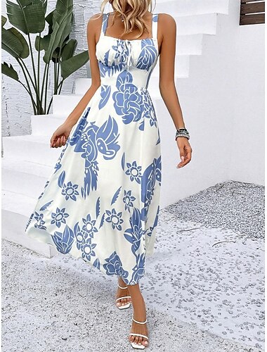  Damen Maxikleid A Linie Kleid Unterkleid Urlaub Lässig Boho Outdoor Ausgehen Normale Passform Blumen Ärmellos Spaghettiträger Marineblau Blau Grün Sommer Frühling
