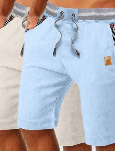  Herren Shorts Leinenshorts Sommershorts Strandshorts Tasche Kordelzug Elastischer Bund Einfach Komfort Atmungsaktiv Knielang Täglich Ferien Strand Urlaub Mode Schwarz + Himmelblau Khaki+Marineblau