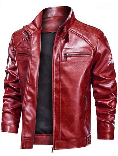  Men's Faux Leather Jacket Biker Jacket Red Leather Jacket Motorcycle Jacket Vacation Daily Windproof Warm Pocket Fall Winter Plain Fashion Classic Stand Collar Regular Black Red Brown Jacket