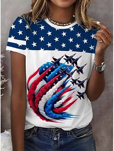  Självständighetsdagen Kvinnors Patriotiska Fjärde Juli T-shirt Grafik Flagga Vintage Stilren Avslappnad Kort Ärm Crew Neck Rund Hals Vanliga Toppar Daglig Tryck Marinblå Blå Sommar Vår