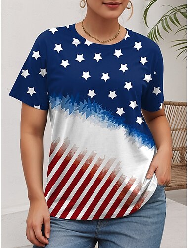  Amerikanischer Unabhängigkeitstag Damen-Oberteile in Übergröße, T-Shirt mit grafischem Flaggendruck, kurze Ärmel, Rundhalsausschnitt, lässig, täglich, Polyester, Sommer, weiß, rot