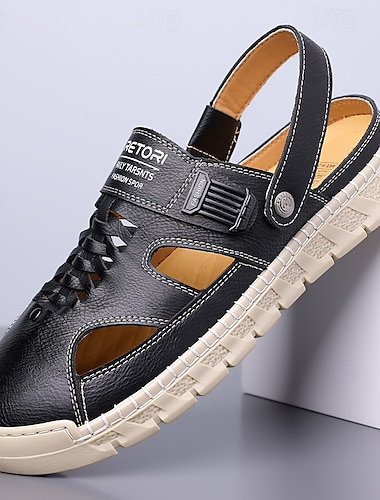  Herren-Sandalen zum Hineinschlüpfen aus braunem Kunstleder im Freien, verstellbarer Riemen an der Rückseite mit atmungsaktivem Design, bequeme Freizeitschuhe für Strand, Wandern und Sommeraktivitäten