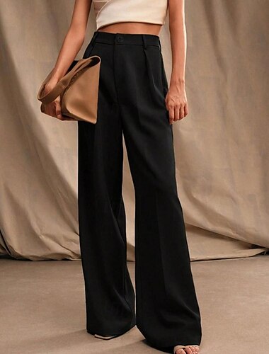  Mujer Perneras anchas Pantalones Ropa de calle Casual Longitud total Alta cintura Color sólido Bolsillo Transpirabilidad Suave Microelástico Vacaciones Calle Ropa Cotidiana Negro Primavera Otoño