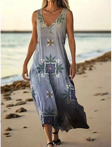  Dames Lange jurk maxi-jurk Casual jurk Tank-jurk Zomerjurk Afrikaanse Dagelijks Feestdagen Strand Normale pasvorm Bloemig Mouwloos V-hals Geel blauw Donkergroen Groen Zomer