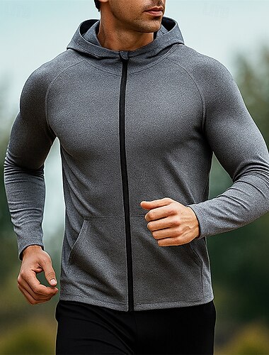  Hombre Chaqueta para correr Chaqueta para exteriores Full Zip Manga Larga Abrigos Deportivo Transpirable Secado rápido Ligero Tenis Golf Corriendo Ropa de deporte Ropa de Deporte Color sólido Gris