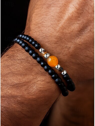  Herren-Armbandset aus Natursteinperlen, mattschwarze Perlen und Tigerauge mit gelbem Akzent, minimalistischer Stil für Business, Freizeit und Geschenkanlässe
