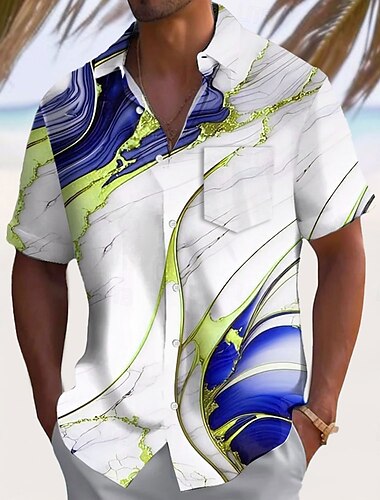  Herren Geometrisch Wellen Abstrakte Kunst Hemd Sommerhemd Knopfhemd Kurzarm Modisch lässig Outdoor Urlaub Alltagskleidung Sommer Frühling Umlegekragen 3D-Druck Hemden mit Kragen Eine Tasche vorne