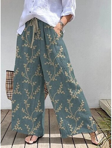  Damen Weite Hosenbeine Weites Bein Chinos Urlaub Vintage Mode Volle Länge Hohe Taille Blumen Grafik Blatt Tasche Elastischer Bund Drucken Weich Atmungsaktiv Unelastisch Urlaub Straße Lässig Tee