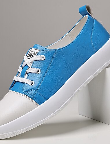  Baskets homme en similicuir bleu avec semelle en caoutchouc blanc – Baskets à lacets confortables pour le sport, les voyages et les loisirs