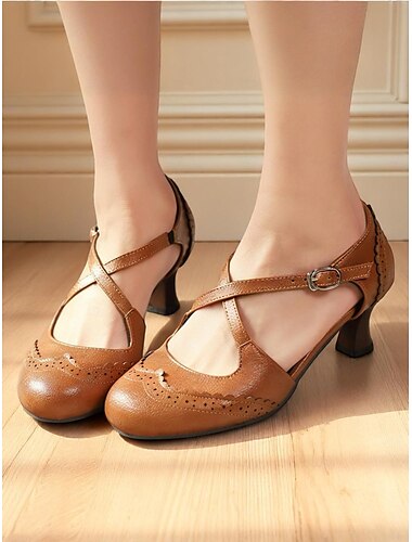 Zapatos de tacón medio estilo oxford marrón para mujer con tiras cruzadas: zapatos Mary Jane brogue vintage de los años 50 para la oficina, fiestas retro y uso diario.