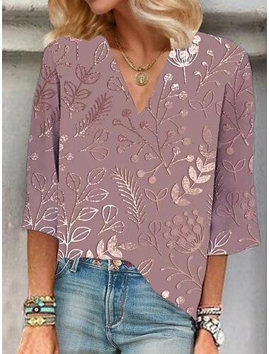  Damen Bluse Blumen Grafik Elegant Stilvoll Lässig Dreiviertelarm V Ausschnitt Normale Oberteile Täglich Ferien Ausgehen Gerafft Bestickt Druck Rosa Purpur Grün Sommer Frühling