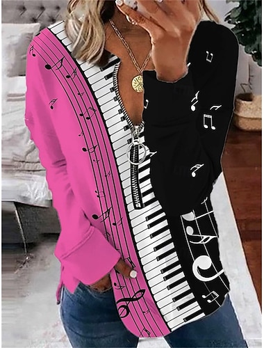  Mujer Sudaderas con cremallera A Rayas Casual Manga Larga Cuello Barco Tops regulares Calle Uso Diario Cremallera Estampado Rosa Otoño Invierno