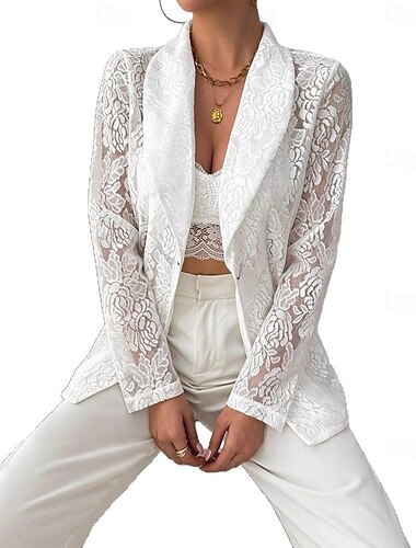  Damen Blazer Atmungsaktiv Bequem Patchwork Bestickt Mode Lässig Einfach Büro Straße Lässig Alltagskleidung Offene Vorderseite Regulär Umlegekragen Normale Passform Langarm Oberbekleidung Weiß Sommer