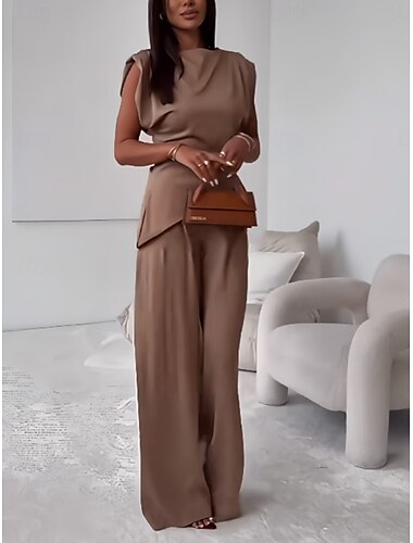  Damen Mode Streetwear Täglich Hosen-Sets Ärmellos Rundhals Einfarbig Gerafft Lässig Täglich Dunkelgrau Schwarz Weiß Frühling Lässiger Schnitt