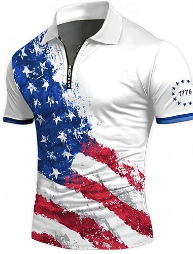  Herren Geometrisch Linie Poloshirts mit Reißverschluss Kurzarm Polo-Shirts Hemden mit Kragen Business-Casual Geschäft Athleisure Büro-Outfit Alltagskleidung 3D-Druck Sommer Weiß Blau