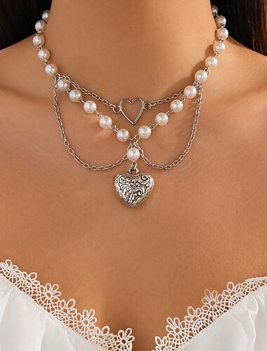  Collares con colgantes Brillantes Mujer Moda Artístico Multi capa Corazón Boda Gotas Forma de corazón Gargantillas Para Boda Fiesta Diario
