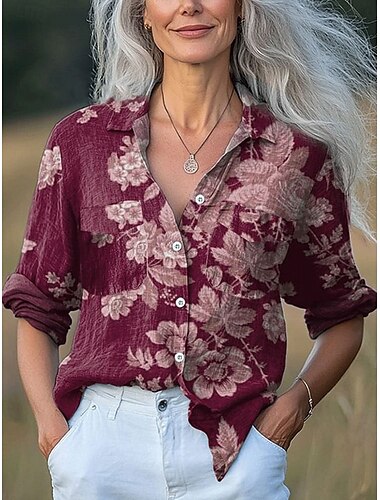  Mujer Camisa Floral Graphic Hoja Vintage Tropical Diario Manga Larga Cuello Camisero Tops regulares Trabajo Diario Botones Estampado Blanco Rosa Morado Naranja Primavera Otoño