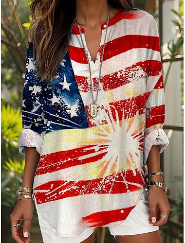  Unabhängigkeitstag Damen Patriotisches Vierteljuli Bluse Grafik Flagge Stylisch Modern Lässig Langarm V-Ausschnitt Reguläre Oberteile Täglich Feiertagsdruck Schwarz Weinrot Blau Staubiges Blau Sommer